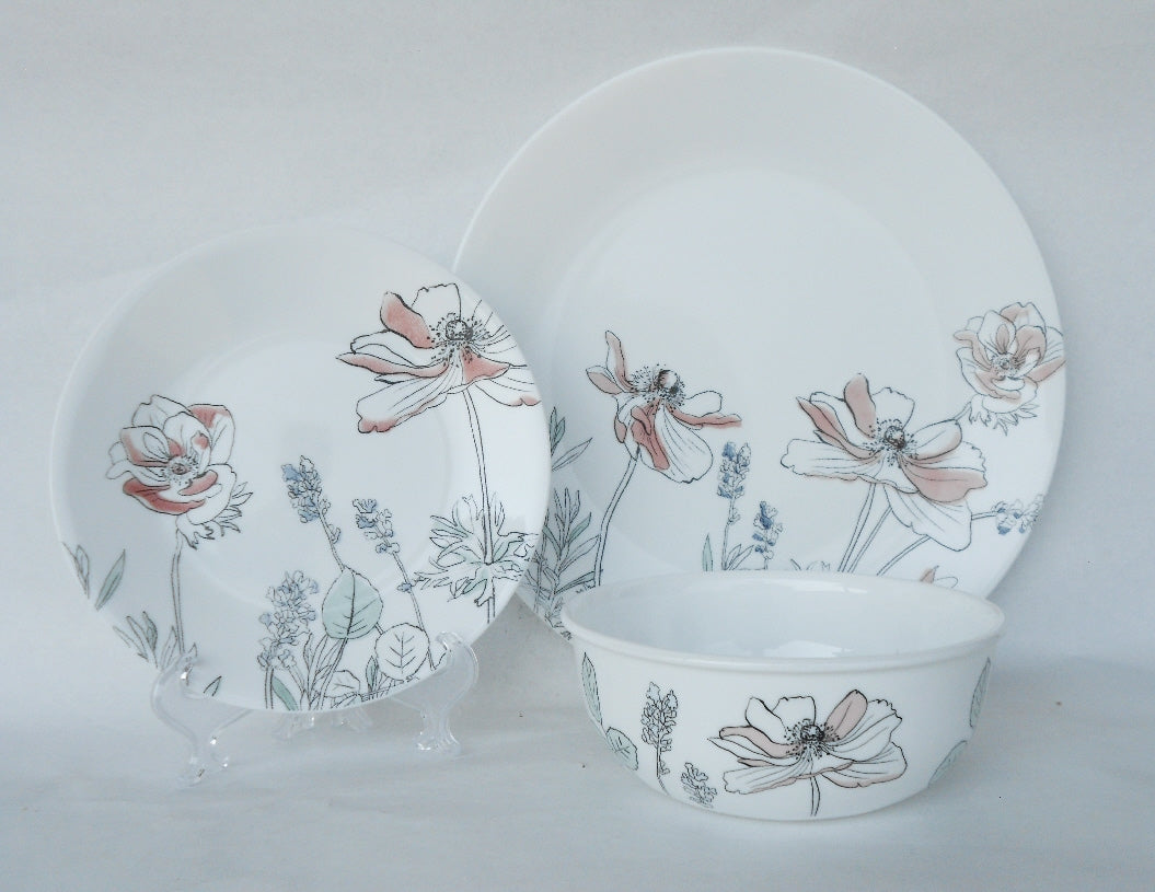 ❤️ NEW 12-pc Corelle Signature POPPY PRINT DINNERWARE SET Pale