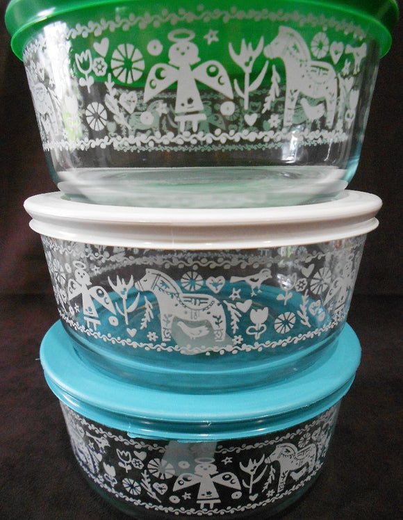 ❤️ 1 PYREX 4-Cup ANGEL HORSE Storage BOWL Nordic Winter Holiday *CHOICE OF COLOR