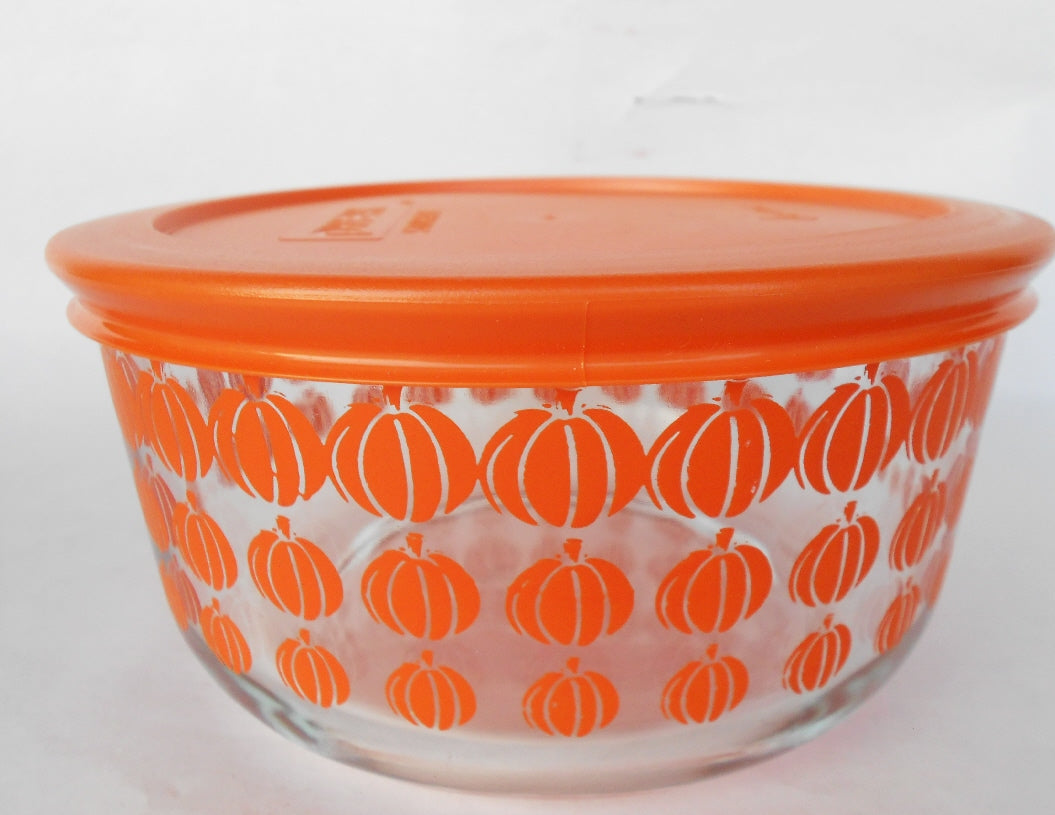 ❤️ 2014 PYREX 4 Cup ORANGE PUMPKIN ROWS 1-Qt Storage BOWL Spooky