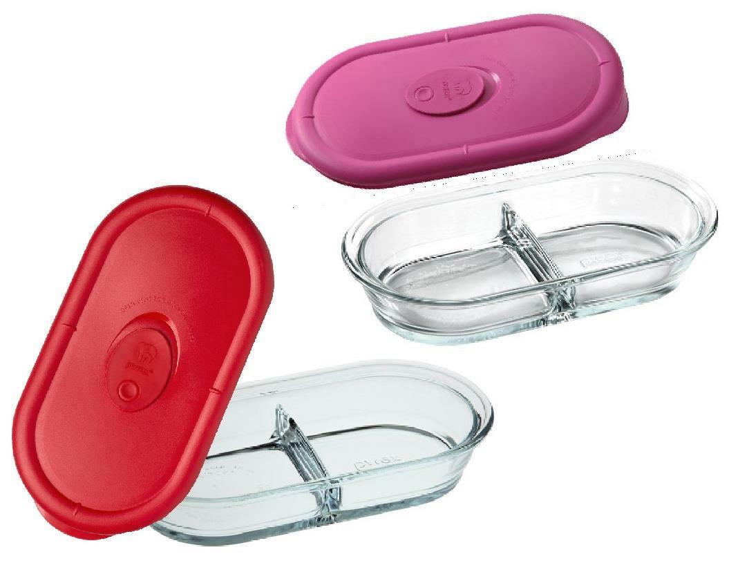 Pyrex 1L Glass rectangular food containers with inside divider and pink  locking lids