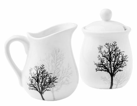 Corelle TIMBER SHADOWS Porcelain CREAM & SUGAR BOWL Black Grey Leafless Branches