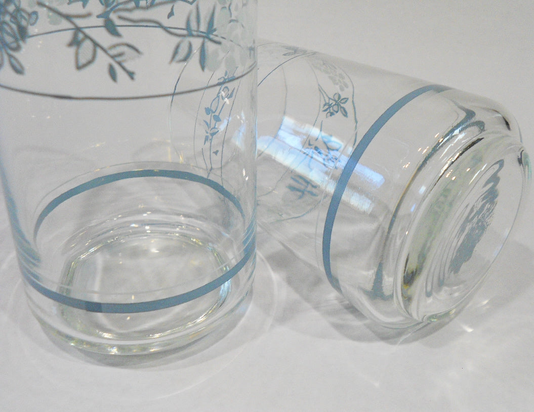 Set of Four Corelle morning Blue Pattern, Vintage Glasses, Drinking Glasses,  Made in USA, Delicate Blue Floral Motif, Blue Rings, 