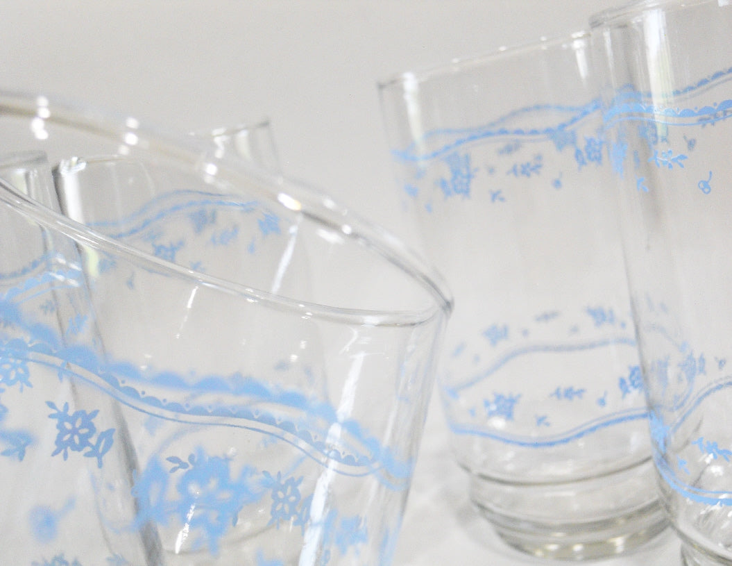 Set of Four Corelle morning Blue Pattern, Vintage Glasses, Drinking Glasses,  Made in USA, Delicate Blue Floral Motif, Blue Rings, 