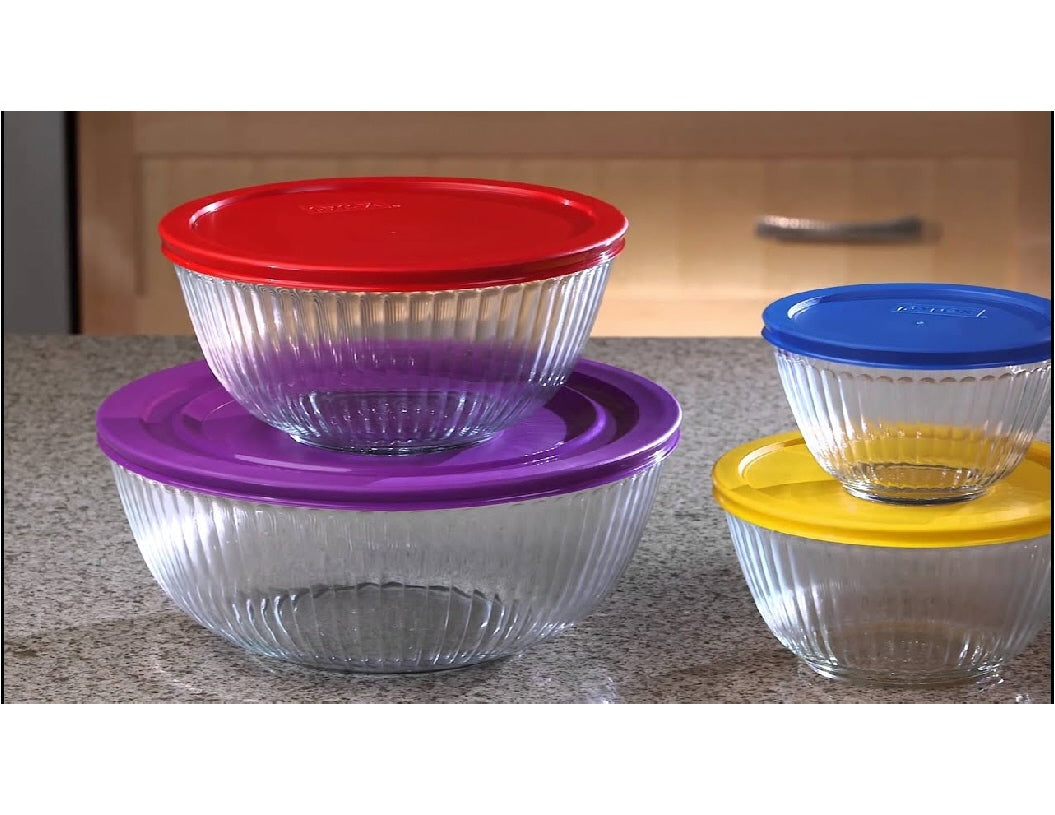❤️ 8-pc PYREX SCULPTURED Glass Mixing Bowl Set w/Covers PURPLE RED YEL –  Tarlton Place