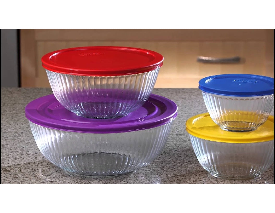 ❤️ 8-pc PYREX SCULPTURED Glass Mixing Bowl Set w/Covers PURPLE