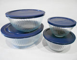 ❤️ NEW 8-pc PYREX Clear SCULPTURED Glass Mixing Bowl Set 4.5 Qt.10, 6, 3 Cup BLUE Lids