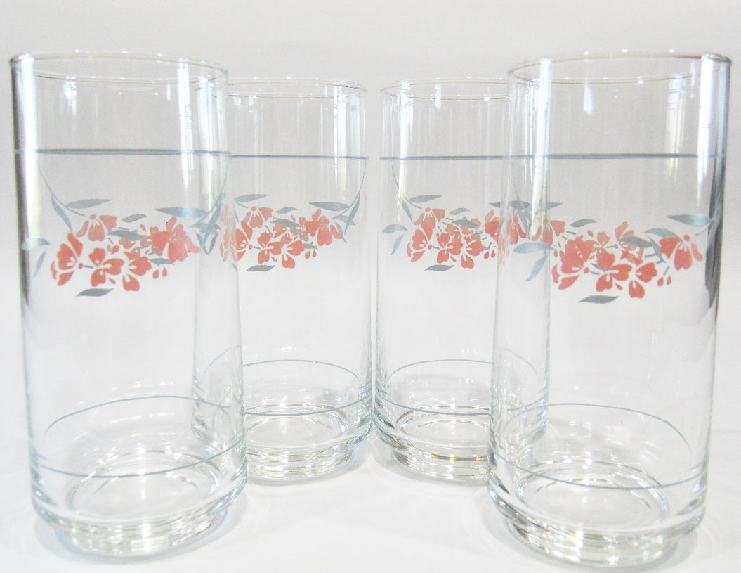 Vintage Corelle Blue Flower Glass Tumblers, Set of 4, Cylinder