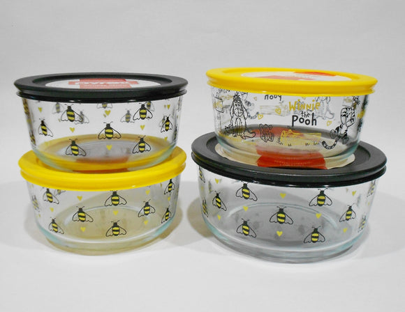 ❤️ 8-pc PYREX WINNIE THE POOH & BEE HAPPY 7 Cup 4 Cup Storage Bowls Set