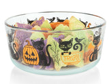 PYREX 7-Cup *FIENDISH FRIENDS Halloween Treats Glass Storage Bowl CATS BATS PUMPKINS SKULLS