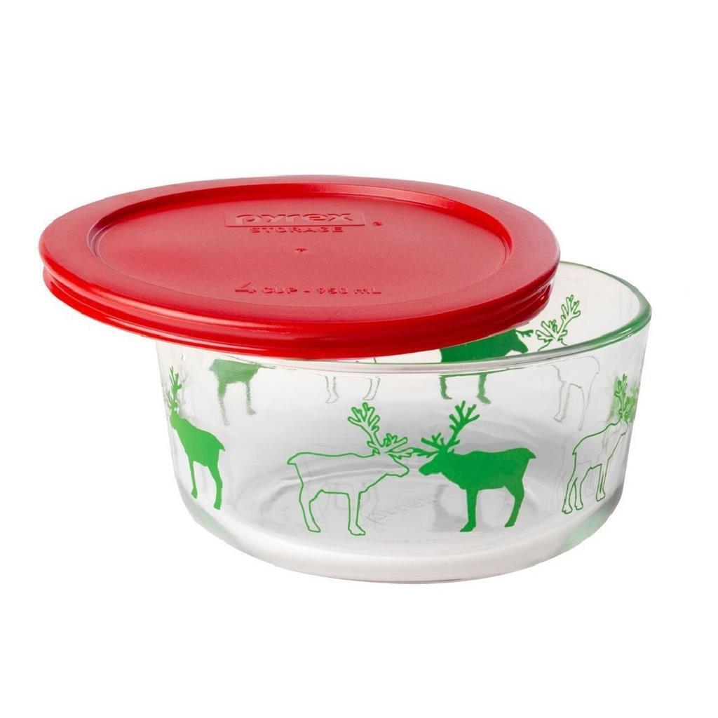 ️ New PYREX 4-Cup REINDEER Storage Dish / Winter Holiday Green Christ ...