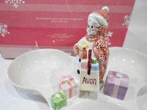 ❤️ 2003 AVON SNOWLADY 10" TRIO CANDY NUT DISH Winter Holiday Ceramic Snow Women