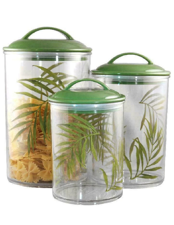 ❤️ NEW 3-pc Corelle BAMBOO LEAF Clear Acrylic CANISTER SET See-thru Storage Jars