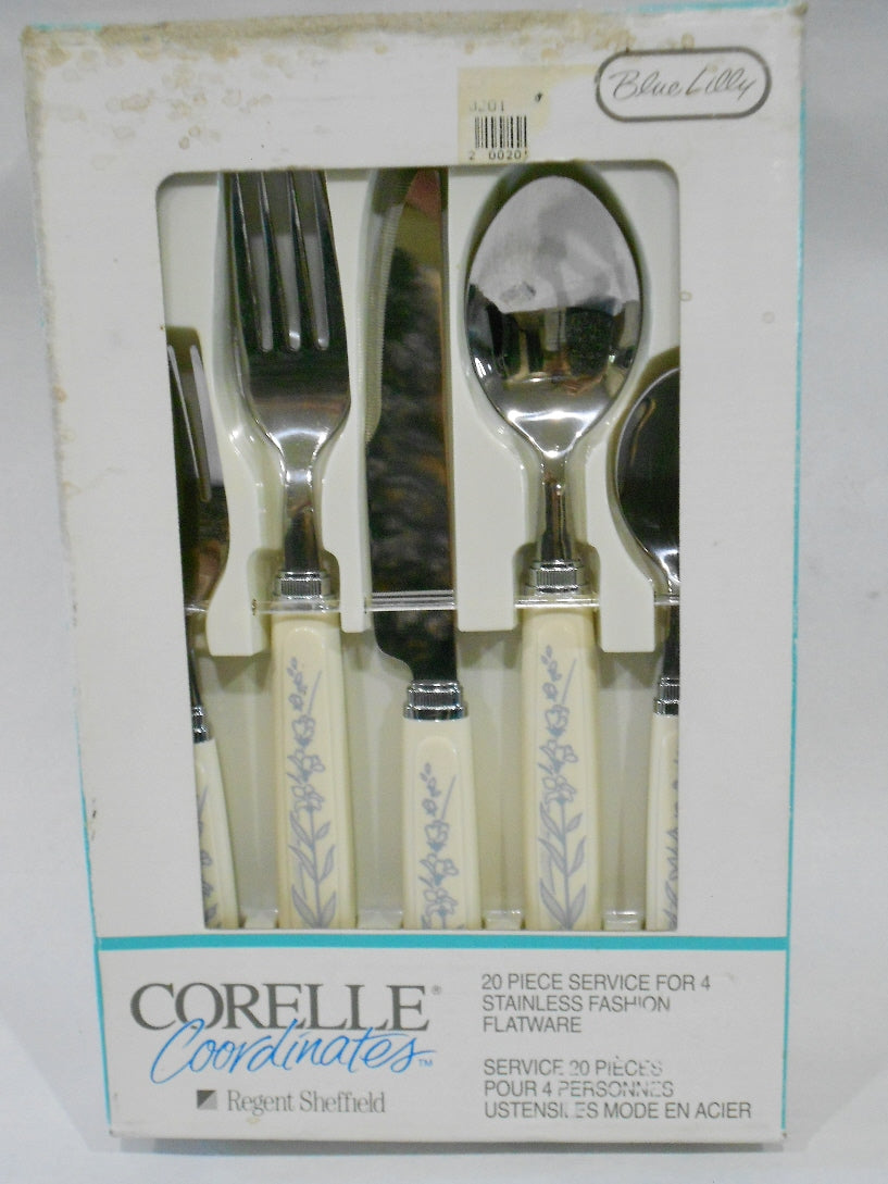 white lily sheffield 20-pc Corelle BLUE LILY Sandstone / Stainless FLATWARE Regent Sheffiel – Tarlton Place