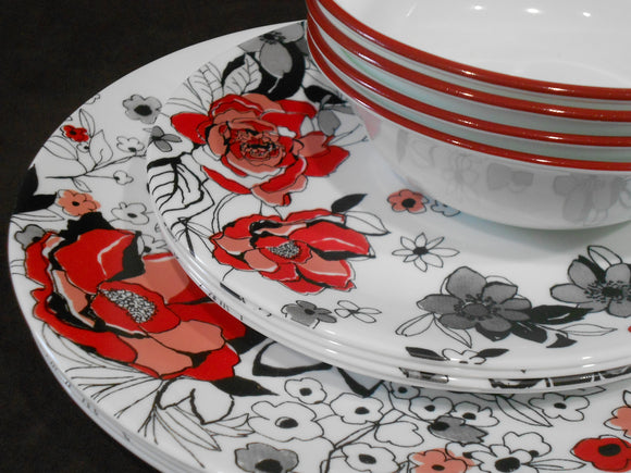 ❤️ NEW 12-pc Corelle CHELSEA ROSE Round Dinnerware Set *Floral RED GRAY BLACK