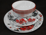 ❤️ NEW 12-pc Corelle CHELSEA ROSE Round Dinnerware Set *Floral RED GRAY BLACK