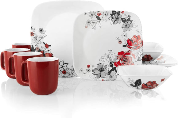 ❤️ 16-pc Corelle CHELSEA ROSE Square DINNERWARE SET *Red Black Grey Floral