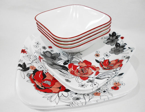 ❤️ 12-pc Corelle CHELSEA ROSE Square DINNERWARE SET *Dinner Salad Plates & Bowls