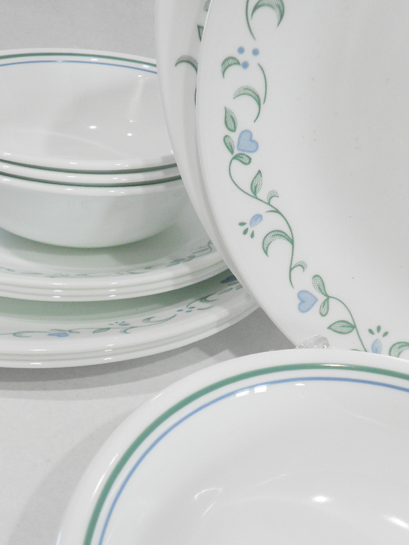 12pc Corelle COUNTRY COTTAGE Dinnerware Set Plates Bowls BLUE Hearts GREEN Vines