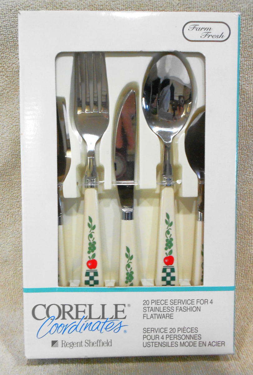 NEW 20-pc Corelle FARM FRESH Stainless FLATWARE Set *Apples Green Ging ...
