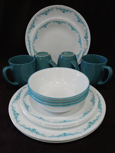 ❤️ 16-pc Corelle GARDEN LACE Dinnerware Set w/Mugs *Teal Turquoise Blue Flourishes