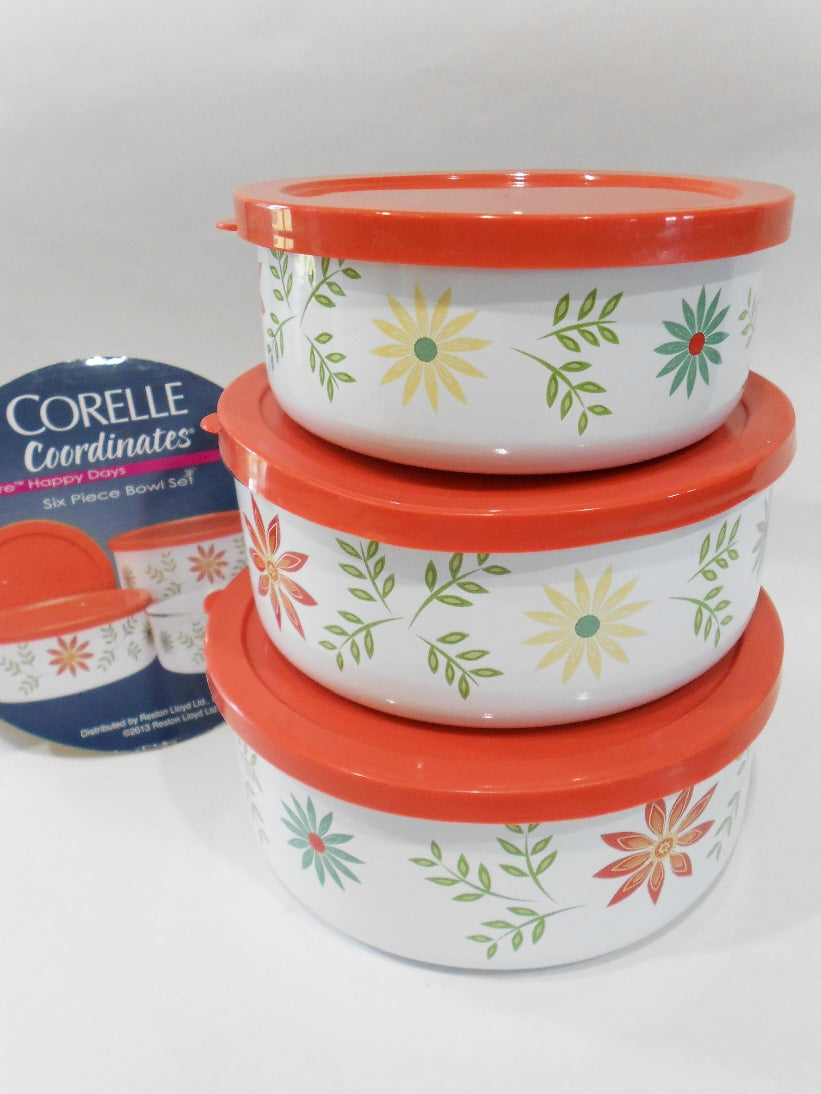 ️ 6-pc Corelle HAPPY DAYS Nesting METAL STORAGE BOWL SET & Plastic Co ...