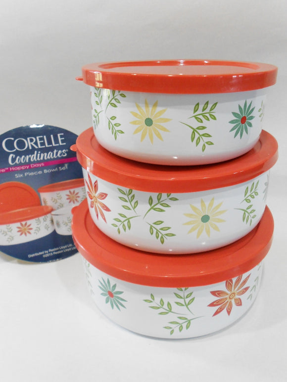 ❤️ 6-pc Corelle HAPPY DAYS Nesting METAL STORAGE BOWL SET & Plastic Covers Retro