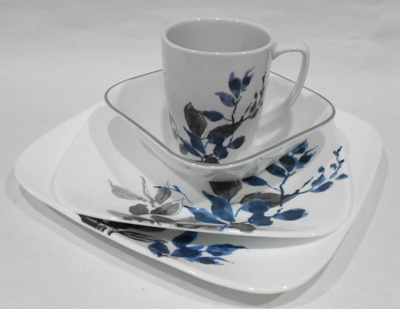 ❤️ New 17-pc Corelle KYOTO NIGHT Dinnerware Set *Blue Japanese Watercolor Leaves