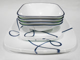 NEW 12-pc Corelle LIA SQUARE DINNERWARE SET Plates Bowls Navy Blue Curly Swirls