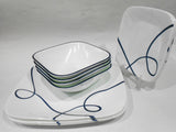 NEW 12-pc Corelle LIA SQUARE DINNERWARE SET Plates Bowls Navy Blue Curly Swirls