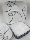 NEW 12-pc Corelle LIA SQUARE DINNERWARE SET Plates Bowls Navy Blue Curly Swirls