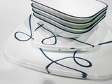 NEW 12-pc Corelle LIA SQUARE DINNERWARE SET Plates Bowls Navy Blue Curly Swirls