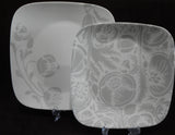 ❤️ NEW 16-pc CORELLE Night Blooms DINNERWARE SET Square Pale Gray Grey Floral