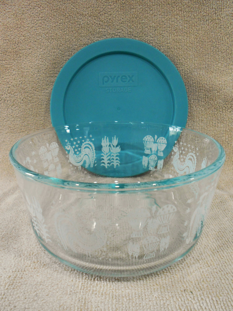 PYREX 4 Cup AMISH BUTTERPRINT Glass Storage Bowl Turquoise WHITE Roost ...