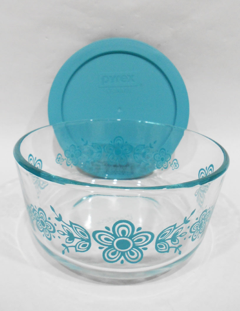 ️ HTF Vtg. Pyrex BUTTERFLY Daisy TURQUIOSE BLUE 4-Cup Glass Storage B ...