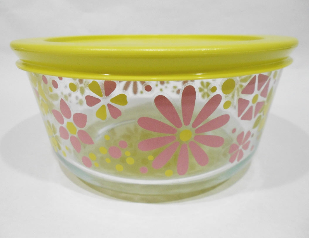 ️ NEW PYREX 4 Cup FLOWER POWER Storage Bowl RETRO FLORAL Yellow Pink ...