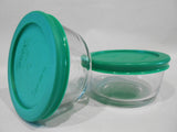 New 4-pc PYREX 1-CUP Glass STORAGE Bowls Dishes w/ GREEN Plastic Covers 4" x 2"