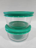 New 4-pc PYREX 1-CUP Glass STORAGE Bowls Dishes w/ GREEN Plastic Covers 4" x 2"