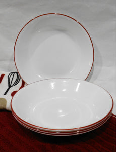 ❤️ 4 Corelle RED RIM 20-oz PASTA BOWLS 8.5" Shallow Coupe Soup Salad Meal Entree