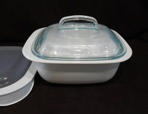 ❤️  3-pc CORELLE 1.5 Qt SQUARE Simplylite BAKE SERVE STORE White Casserole Dish w/ Covers