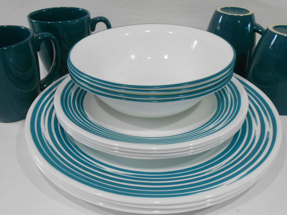 ❤️ NEW Corelle 16-pc BRUSHED STROKES TURQUOISE Blue WIDE Rim DINNERWARE Set
