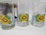 3 Corelle SUNSATIONS 7-oz JUICE GLASSES Sunflowers Blue Checkered Gingham