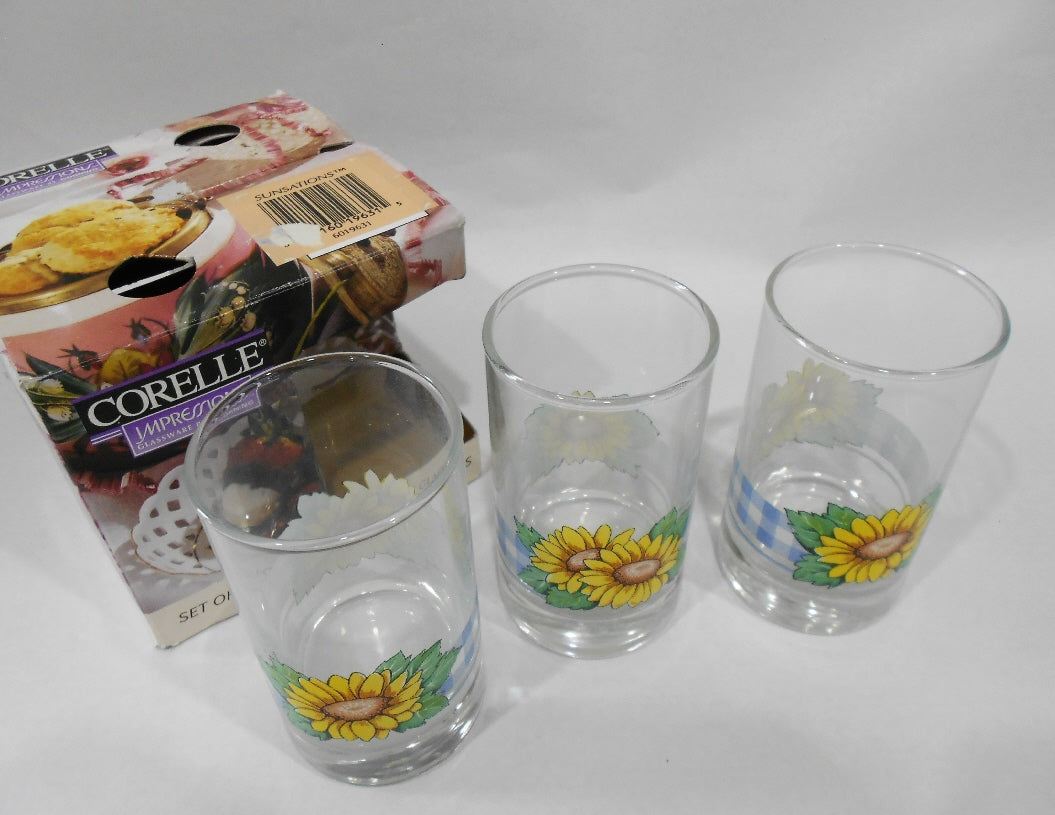 3 Corelle SUNSATIONS 7 oz JUICE GLASSES Sunflowers Blue Checkered Gingham