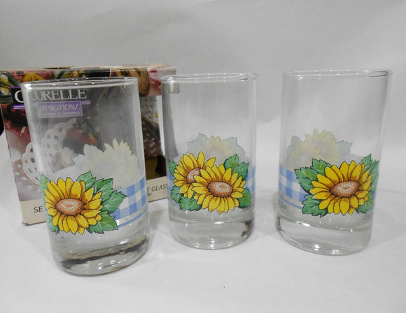 3 Corelle SUNSATIONS 7-oz JUICE GLASSES Sunflowers Blue Checkered Gingham