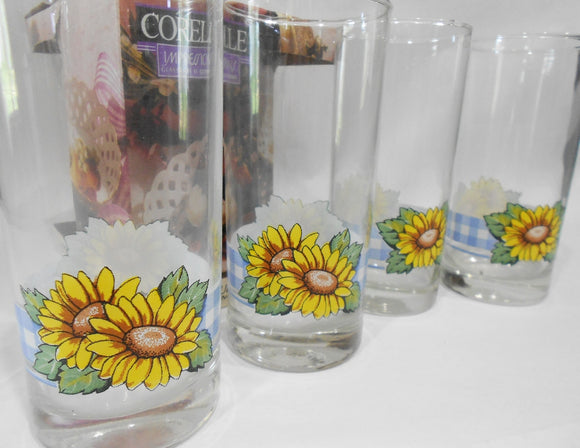 4 Corelle SUNSATIONS 16-oz GLASSES Iced Tea Tumblers Sunflowers Blue Gingham