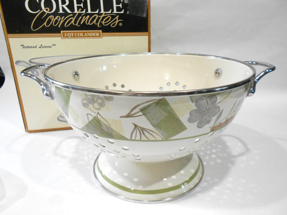 🌿NEW Corelle TEXTURED LEAVES 3-Qt COLANDER Porcelain /Stainless Steel Strainer