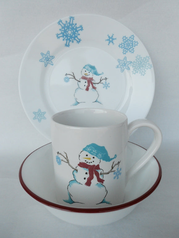 ❤️ 3-pc Corelle WINTER MAGIC LUNCH SET Plate Bowl Mug *Snowman Blue Snowflakes