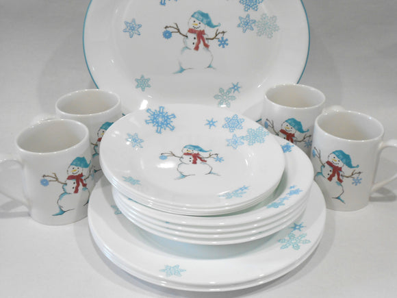 ❄️ 17-pc Corelle WINTER MAGIC Dinnerware Set *Christmas Holiday Snowman Blue Snowflakes
