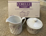 *New CORELLE Porcelain WISTERIA Cream Sugar Set *Purple Floral & Vines White Swirls