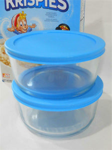 TWO - PYREX 4 Cup ROUND Storage Dishes w/ Bright TURQUOISE Sky AQUA Blue Cover