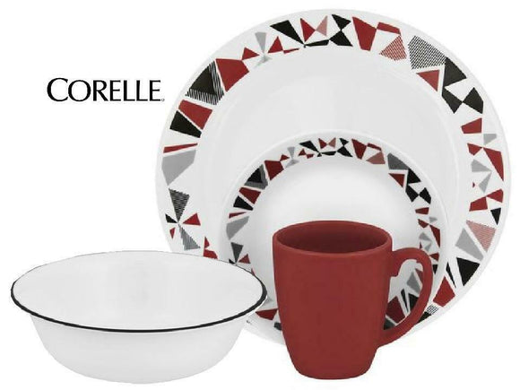 ❤️ New 16-pc CORELLE MOSAIC RED Dinnerware SET *Scarlet Black Gray Geometric
